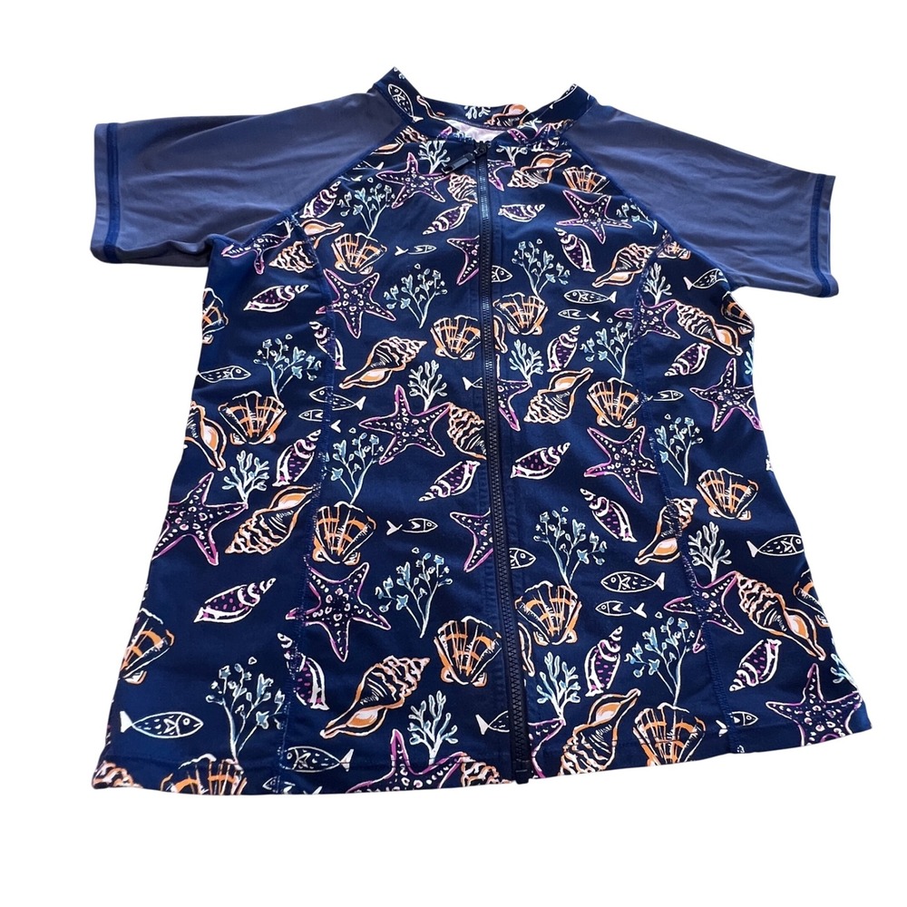 Garnet Hill Kids Size 12 Navy‎ Blue Seashell Starfish Rash Guard Swim Zip
